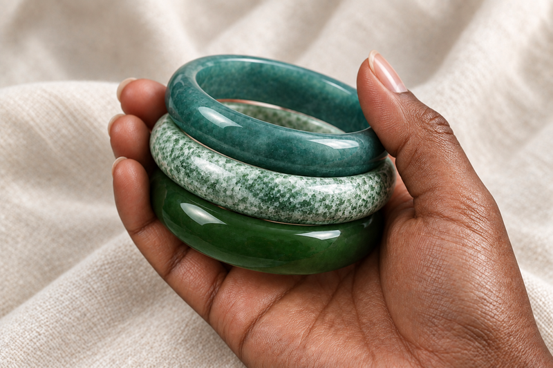 Hand holding Guatemalan, QAR-tier Kazakh, and Pakistani bangles